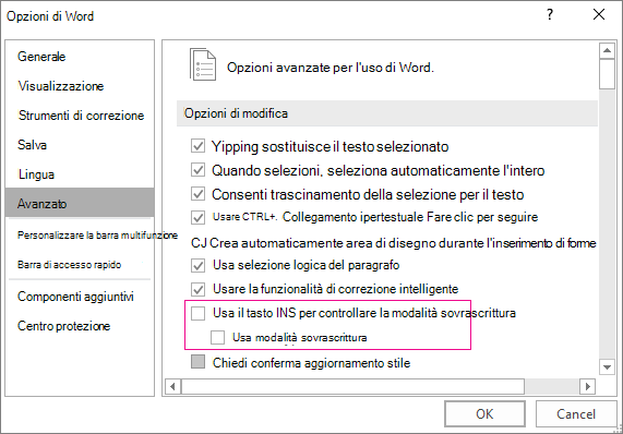 Finestra di dialogo Opzioni di Word avanzate, in Opzioni di modifica, casella di controllo Uso della modalità sovrascrittura