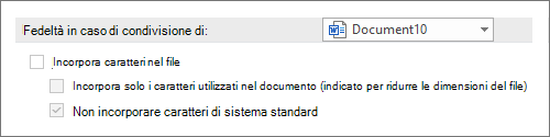 Screenshot di Non incorporare tipi di carattere