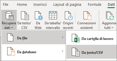 L'opzione Da testo è evidenziata nella scheda Dati.