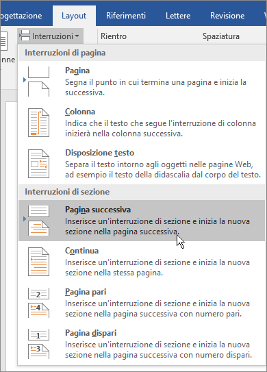 Le opzioni di interruzione vengono mostrate nella scheda Layout.