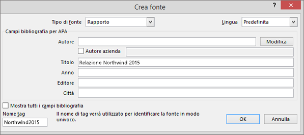 Opzioni della finestra di dialogo Crea fonte