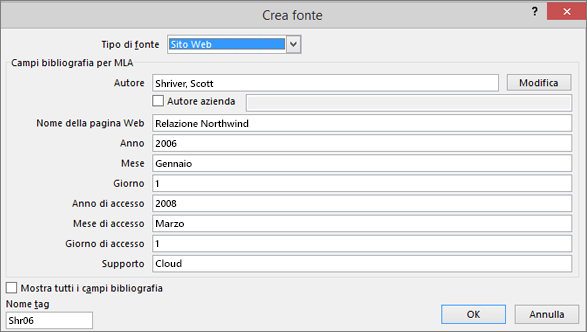 Finestra di dialogo Modifica origine