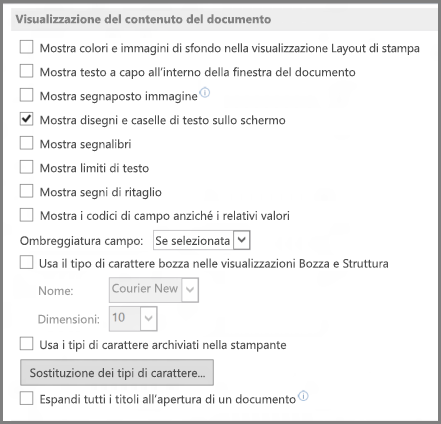 Word 2013 show document content options