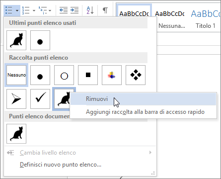 Rimozione di uno stile di punto elenco dalla Raccolta punti elenco