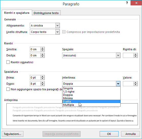 Usare la finestra di dialogo Paragrafo per impostare una spaziatura più specifica tra le righe di testo