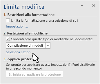 Selettore sezioni nel pannello Limita sezioni
