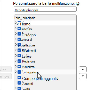 Finestra di dialogo Personalizza barra multifunzione con l'opzione Sviluppo selezionata