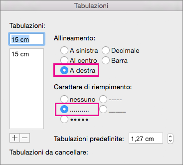 Finestra di dialogo Tabulazioni configurata per una tabulazione allineata a destra con punti