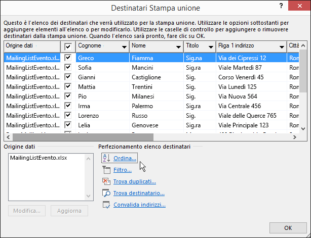 Nell'ambito di Word stampa unione, i risultati di una sorta di elenco destinatari.