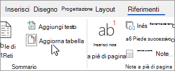 Scheda Riferimento con il pulsante Aggiorna tabella