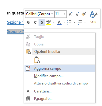 Menu di scelta rapida per un riferimento di segnalibro