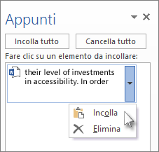 Incollare un singolo elemento dagli Appunti