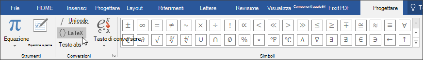 Immagine della scheda Progettazione che mostra i formati di equazione disponibili per il formato LaTex.