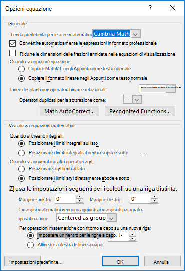 Immagine della finestra di dialogo Opzioni equazione