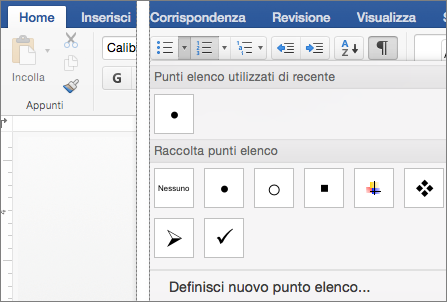 Scheda Home con la raccolta Punti elenco visualizzata.