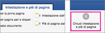 Comando Chiudi selezionato nella scheda Intestazione e piè di pagina