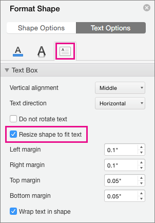 Opzione Adatta dimensioni forma al testo evidenziata nel riquadro Formato forma.