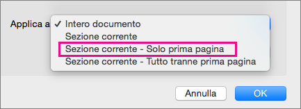 Menu Applica a con l'opzione Solo prima pagina evidenziata