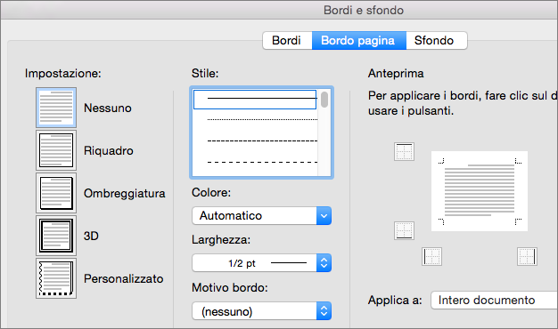 Selezionare lo stile, il colore e lo spessore del bordo della pagina