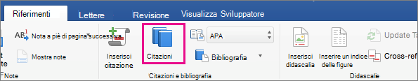Opzione Citazioni evidenziata nella scheda Riferimenti