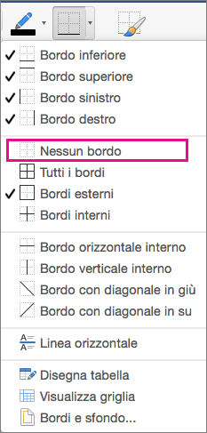 L'opzione Nessun bordo è evidenziata