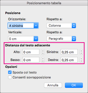 Impostare lo spazio tra la tabella selezionata e il corpo del testo in Distanza dal testo adiacente.
