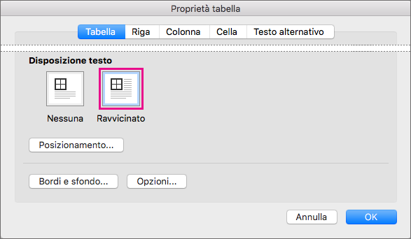 Fare clic su Ravvicinato per disporre il testo intorno alla tabella selezionata.