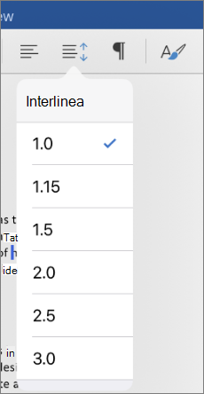 Mostra le opzioni di interlinea in Word per iPad.