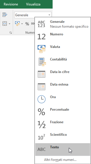In Excel, nel gruppo Numeri della scheda Home fare clic sulla freccia rivolta verso il basso nella casella Generale per scegliere il formato numerico da usare.