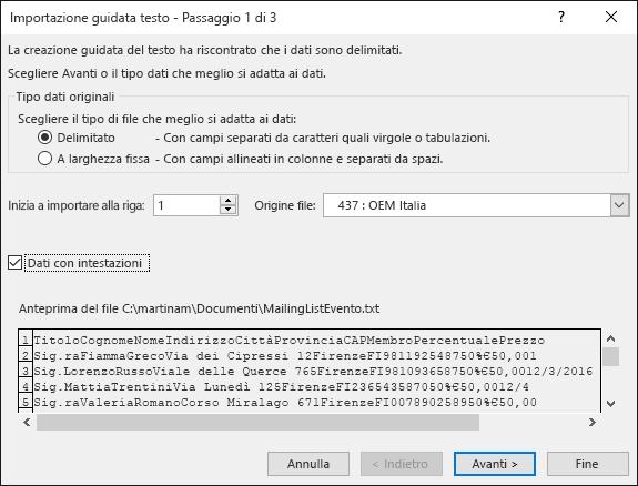 Opzione Carica dati esterni da testo di Excel, Importazione guidata testo, Passaggio 1 di 3