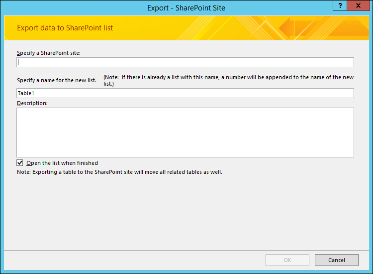 Access テーブルまたはクエリをエクスポートする SharePoint サイトを指定します。