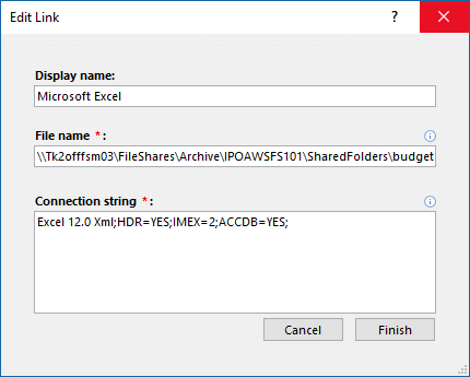 Excel データ ソースの [リンクの編集] ダイアログ ボックス