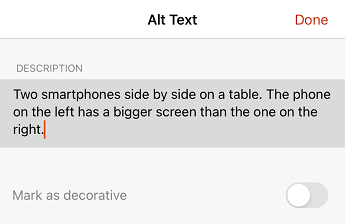 iOS 用のPowerPointの [代替テキスト] ダイアログ ボックス。