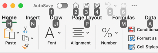 Excel for Macでの KeyTips の視覚的な外観