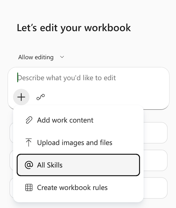 Excel の [作業コンテンツの追加] メニューの Copilot のスクリーンショット。[すべてのスキル] が強調表示されています。
