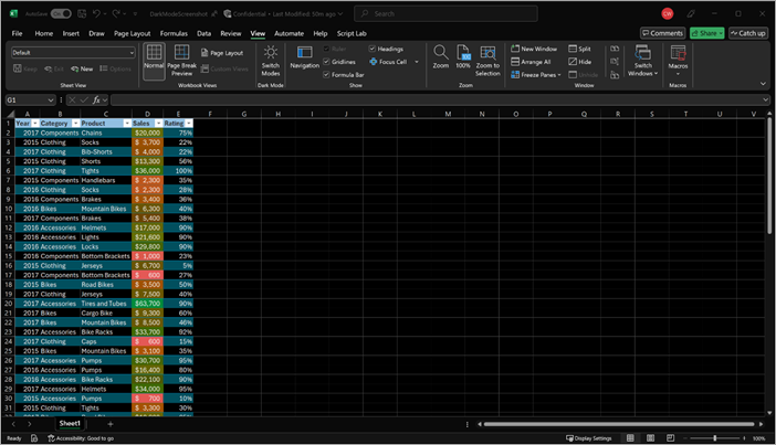 ダーク モードの Excel ワークシート。