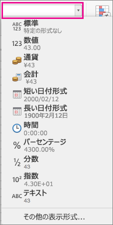 [ホーム] タブの [数値の書式] ボックス