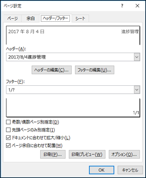 ページ設定 > [ヘッダーとフッター] オプション