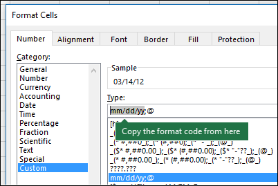 [書式 > セル > 数値 > カスタム] ダイアログを使用して、Excel で書式指定文字列を作成する例。