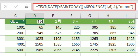 ヘッダー行で月の動的な一覧を作成するには、TEXT、DATE、YEAR、TODAY を含む SEQUENCE を使用します。