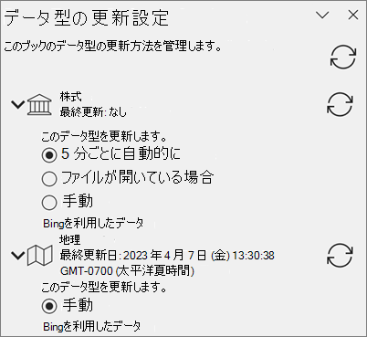 データ型の [更新設定] ウィンドウ。