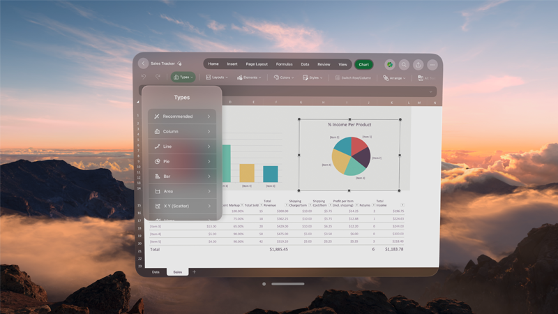Apple Vision Proを使用した Excel スプレッドシート