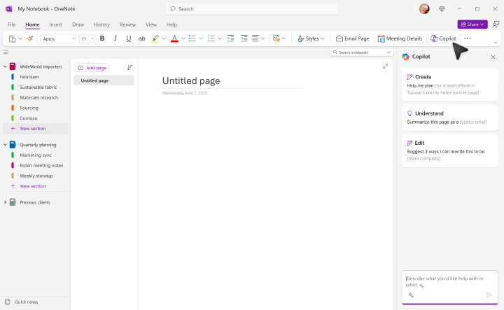OneNote Start Copilot 画面。