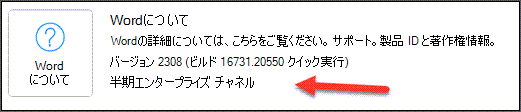 [製品情報] セクションの [Word について] エリアに表示されている半期エンタープライズ チャネル。
