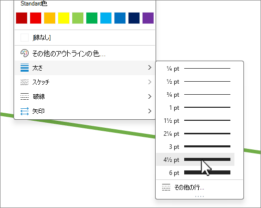 [太さ] が選択された図形のアウトラインのスクリーンショット。