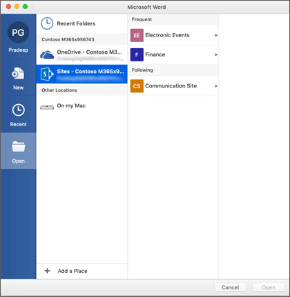 Office 365のMicrosoft Word for Macの [ファイルを開く] ダイアログ ボックス