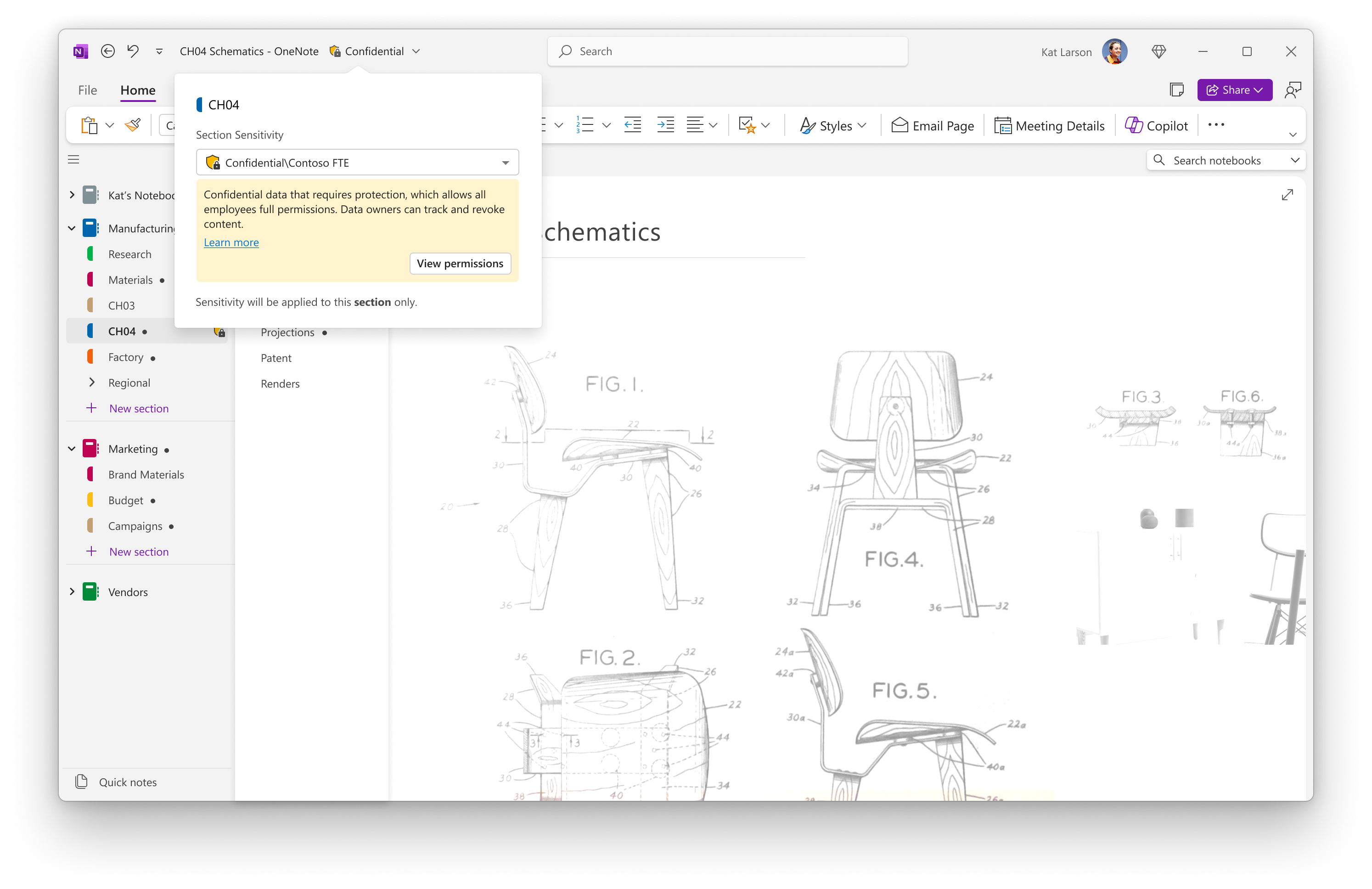 OneNote for Windows の秘密度ラベル UI の画像
