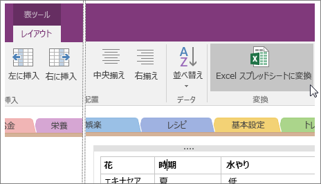 OneNote 2016 の [Excel スプレッド​シートに変換] ボタンのスクリーンショット