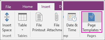 OneNote 2016 の [ページ テンプレート] ボタンのスクリーンショット