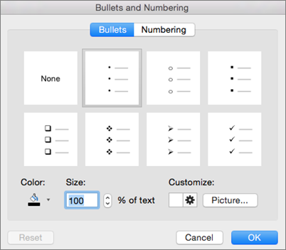 Office for Mac の [箇条書きと段落番号] ダイアログ ボックス